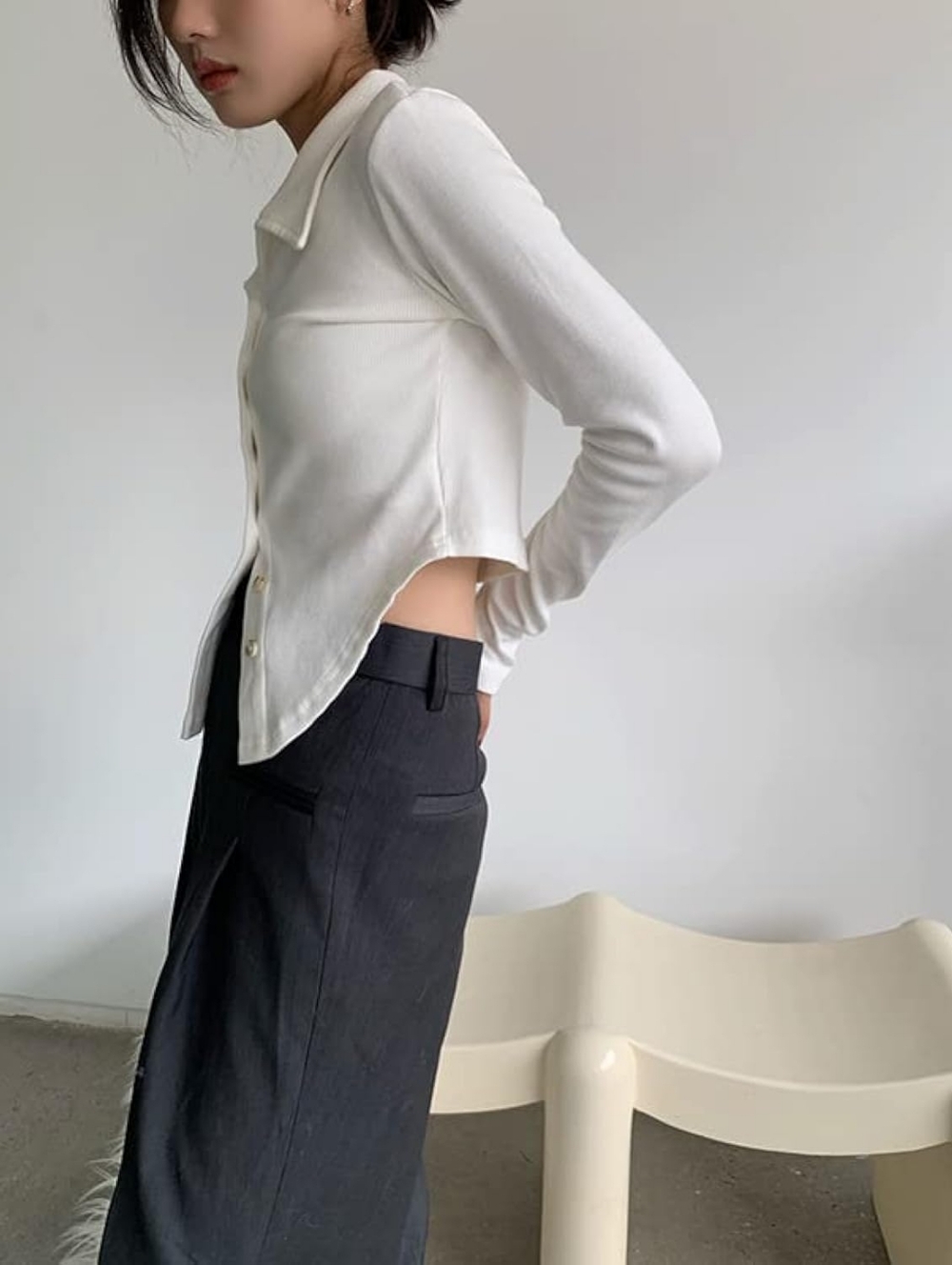 Classic Ribbed Button-Front White Women’s Top - Picture 2 of 5